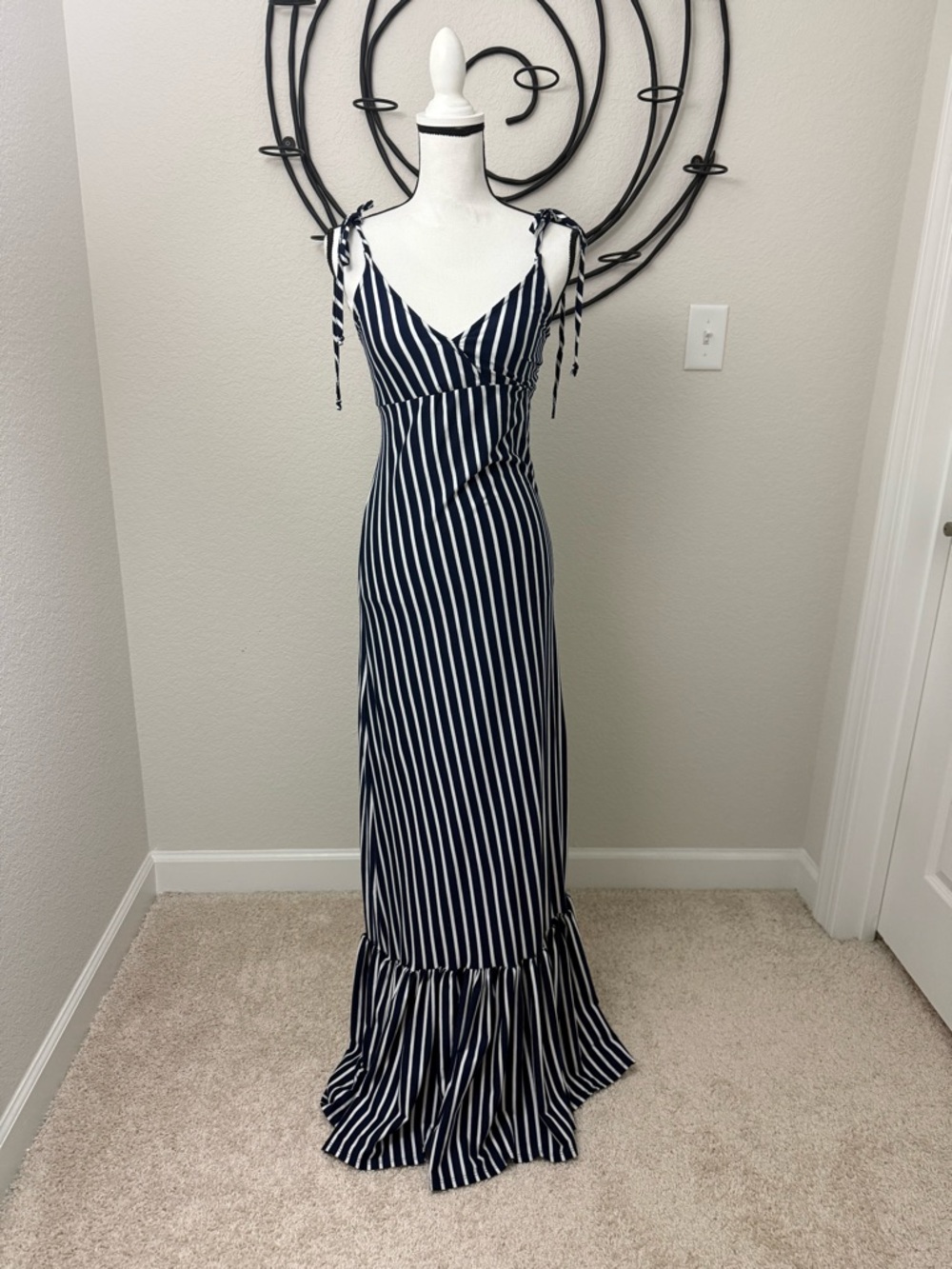 Velvet Torch Navy and White Striped Tie-Shoulder Maxi Dress